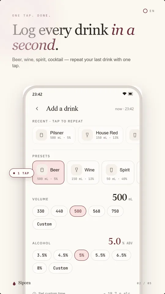 Adding a drink with quick presets for beer, wine, and spirits